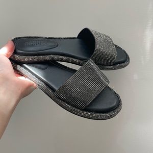 Schutz Alcina Crystal Studded Sandal. Black & Silver